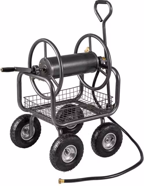 Costway Heavy-Duty Metal Garden Hose Reel Cart with Storage Basket in Grey – 1