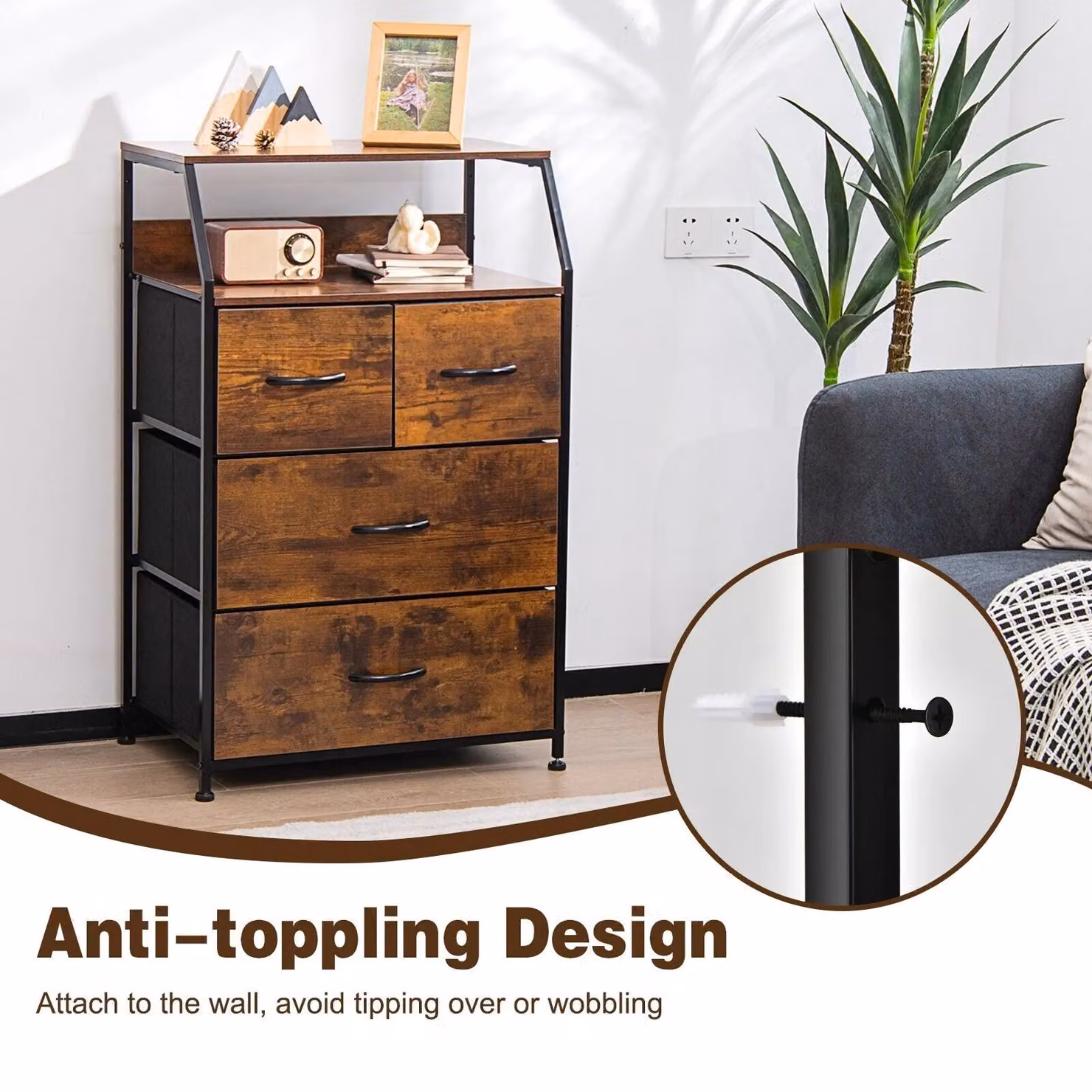 Gymax Industrial Freestanding Dresser with 4 Drawers and Top Shelf in Brown – 5