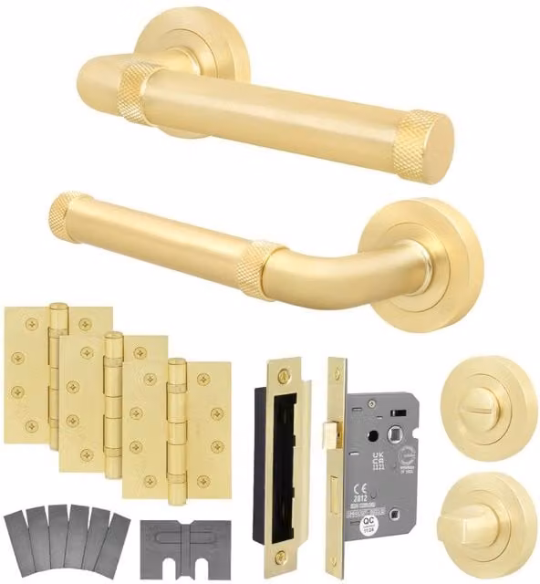 AFIT Satin Brass Fire Door Handle and Bathroom Lock Set with Hinges in Gold, 150 x 150 mm