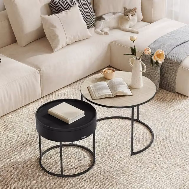 The Bazaarist Set of 2 Round Nested Side Tables in Beige, Black and Brown