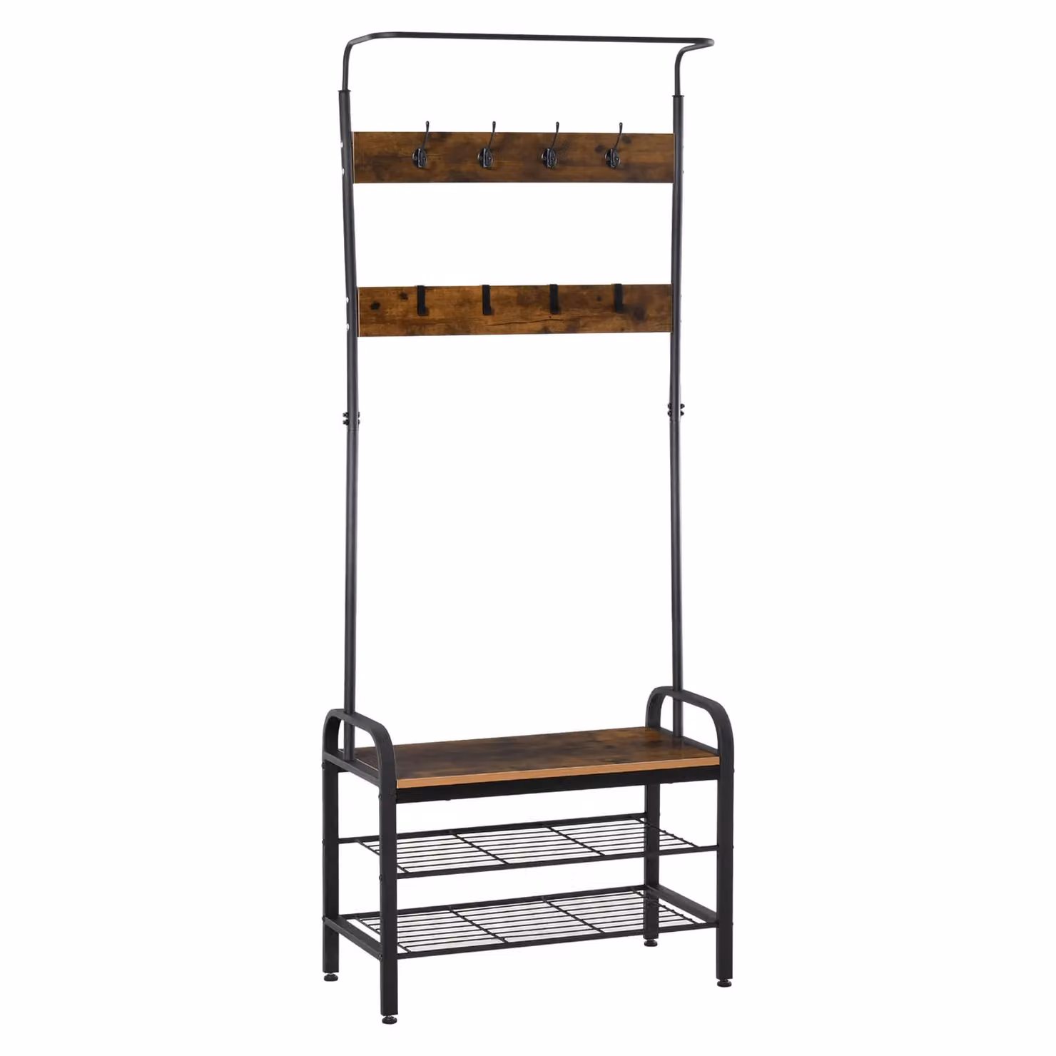 HOMCOM Industrial Hall Tree with Shoe Bench and 8 Hooks in Black and Brown – 2