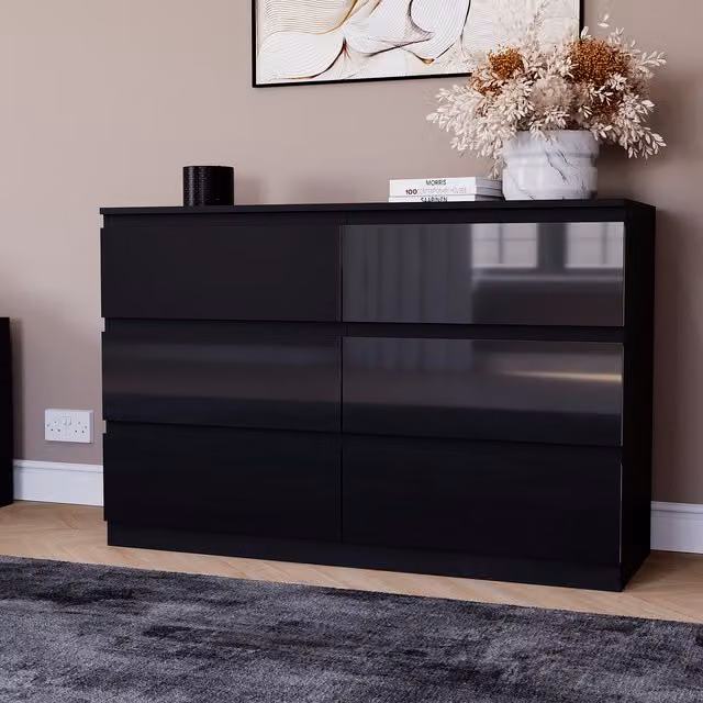 Vida Designs Glinton 6 Drawer Chest in Black Glossy Finish