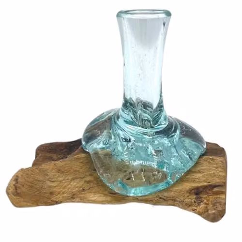 KDMD Molten Glass Small Flower Vase on Wood in Brown and Transparent, W/D/H: 15.0 x 15.0 x 10.0 cm