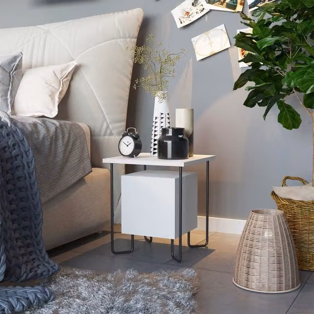 FWStyle Modern 1 Door Bedside Table with Black Metal Frame in Matt White