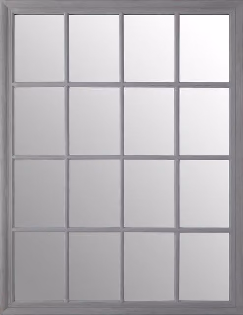 Orsina Grey Rectangular Wood Wall Mirror with 16 Panels and Hanging Hooks, W: 130 cm, H: 100 cm