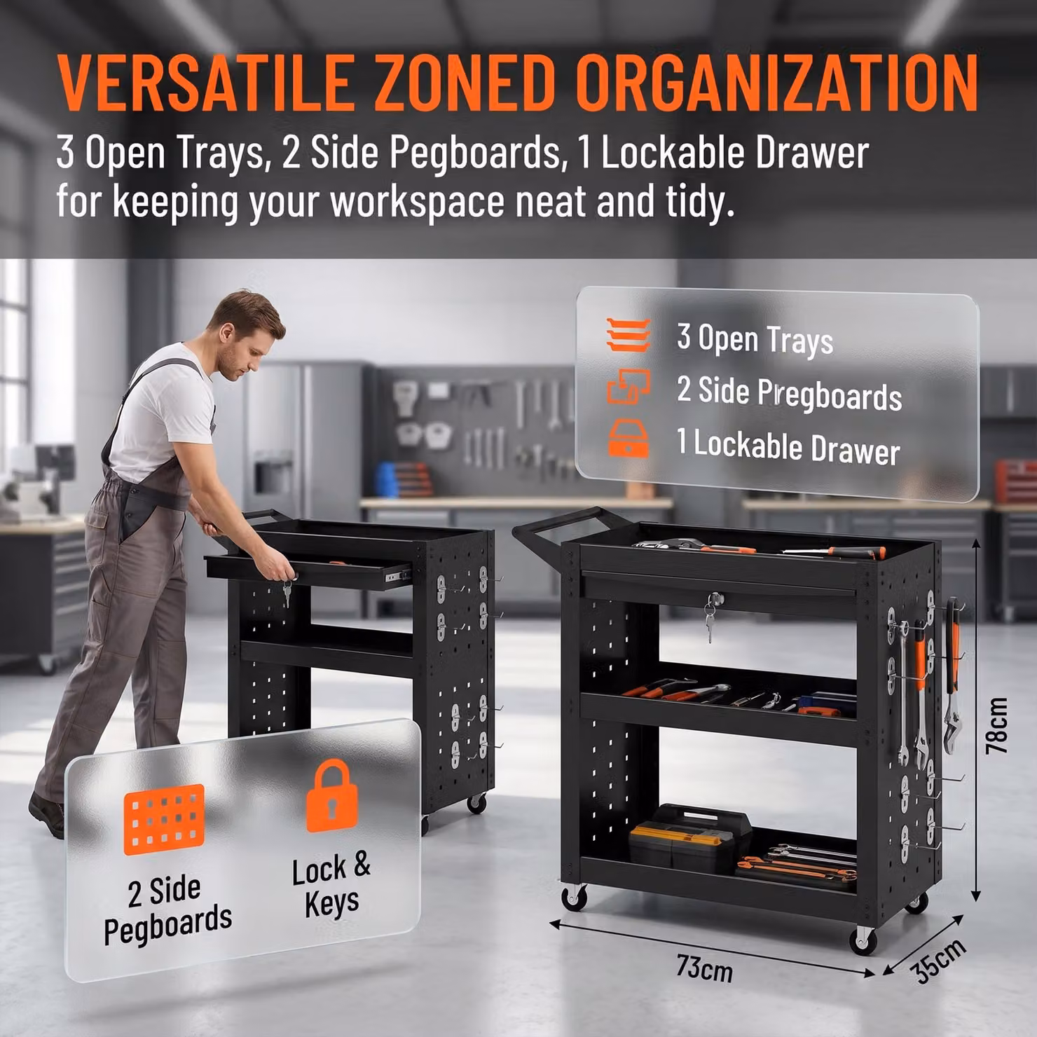 HOMCOM Black Steel Rolling Tool Cart with Lockable Wheels, 3-Tier Trays, Drawer and Pegboards, W/D/H: 78 x 35 x 90 cm – 4