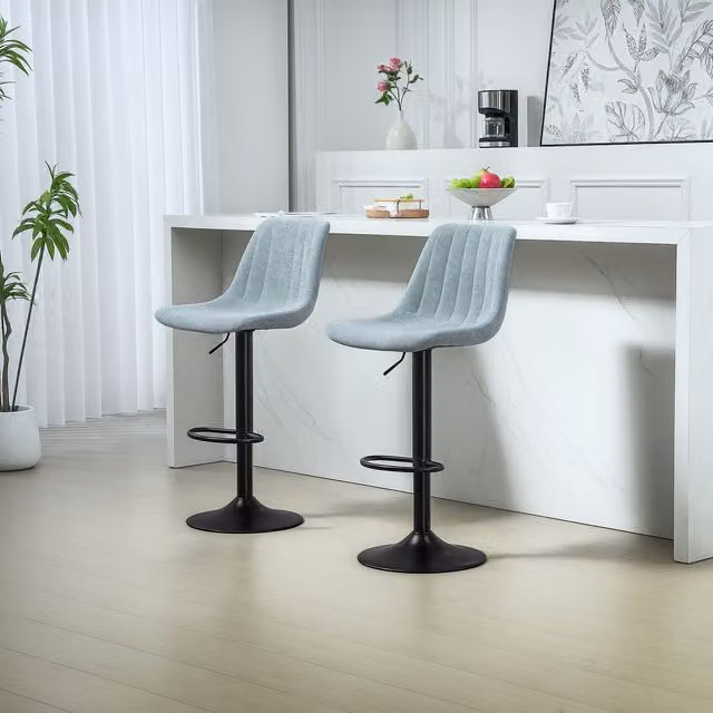 HOMCOM Set of 2 Modern Swivel Bar Stools with Adjustable Height in Light Blue Chenille