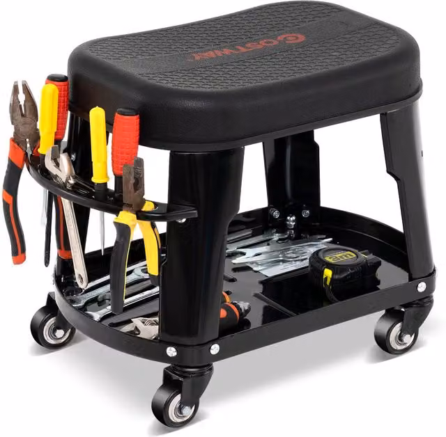 Gymax Black Metal Garage Rolling Stool Creeper Seat with Detachable Seat and Tool Holder, W/D/H: 46.0 x 35.0 x 35.0 cm