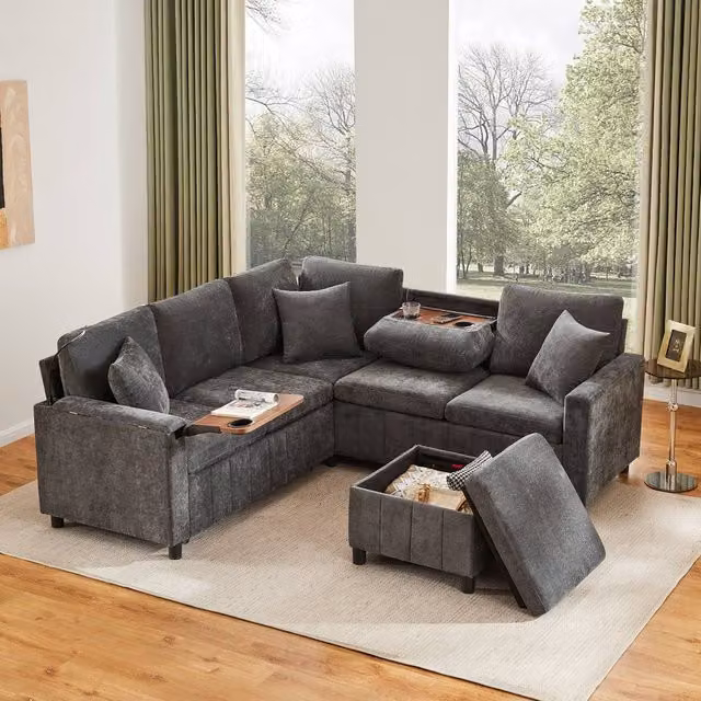Rolipo Grey Chenille Reversible L-Shape Corner Sofa Bed with Storage Ottoman and USB Charging Ports