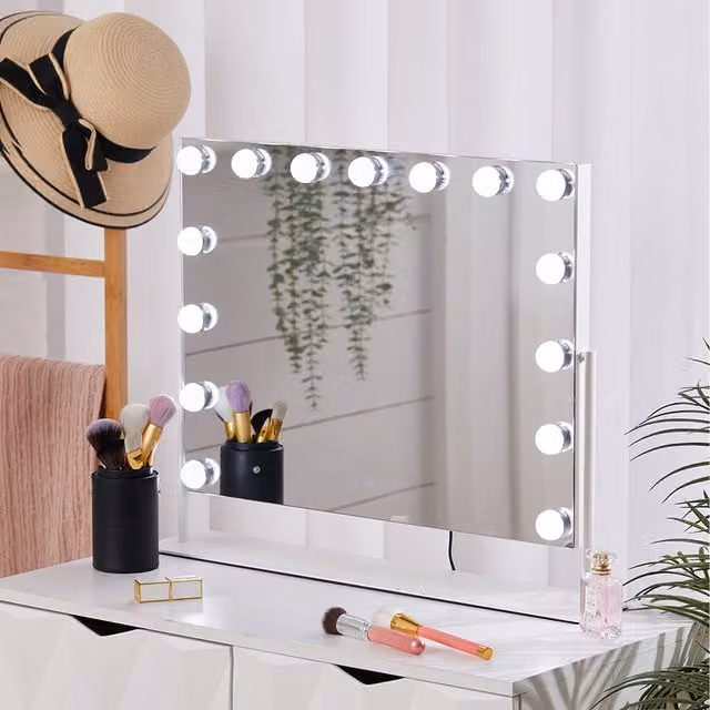 Livingandhome Large Hollywood LED Tabletop Vanity Mirror in Silver with Adjustable Touch Control
