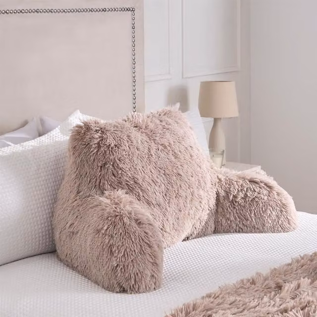 OHS Fluffy Fleece Reading Cushion with Arms and Lumbar Support in Natural Beige, W/D/H: 65 x 40 x 40 cm – 1