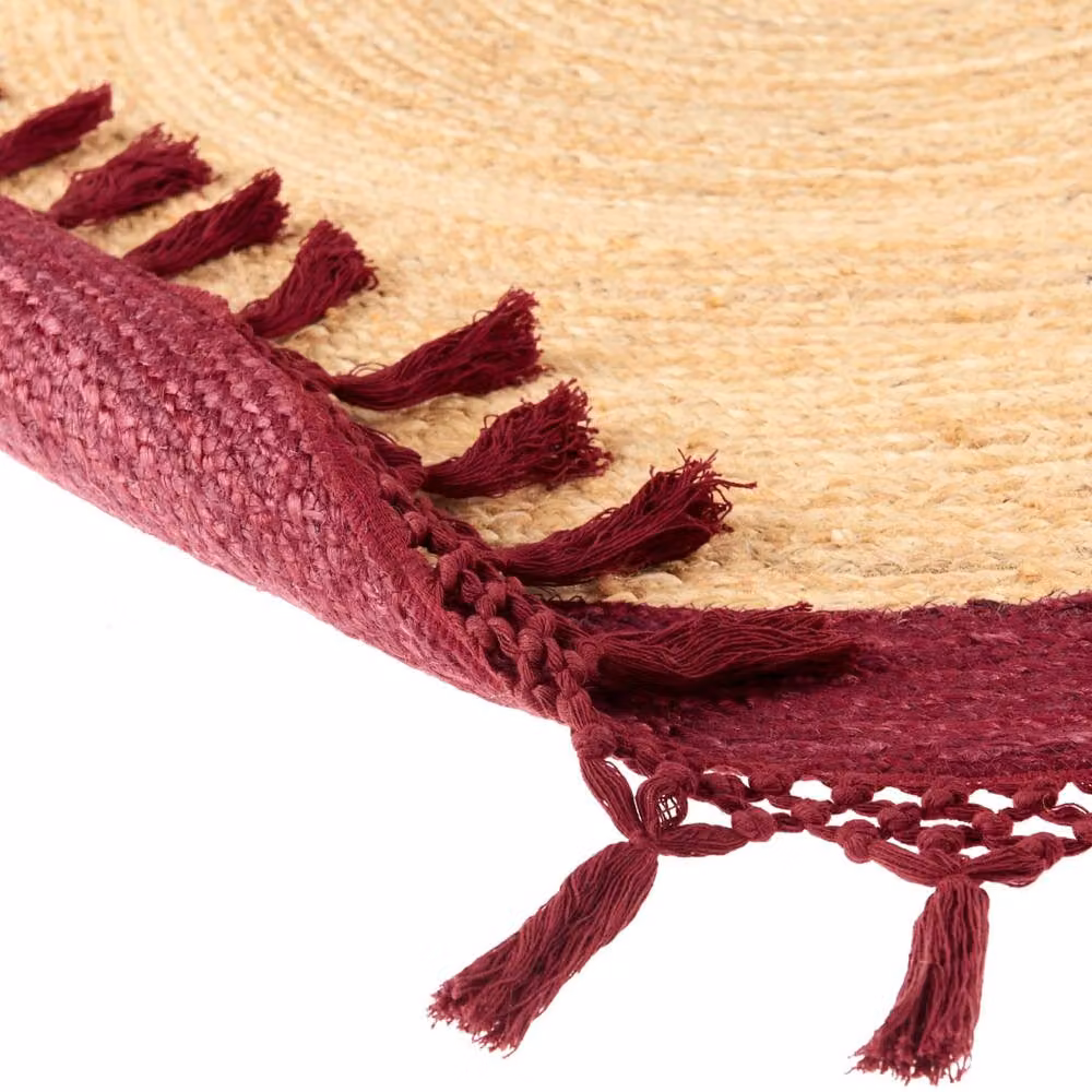 Wyld and Coco Round Jute and Cotton Braided Boho Rug in Beige with Red Accents, Diameter: 140 cm – 5