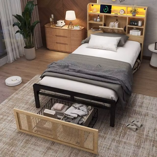 BTM Wooden Double Bed with USB Charging Port, LED Under-Bed Lighting and Storage Drawers in Black, W/D/H: 140 x 200 x 104.5 cm – 1