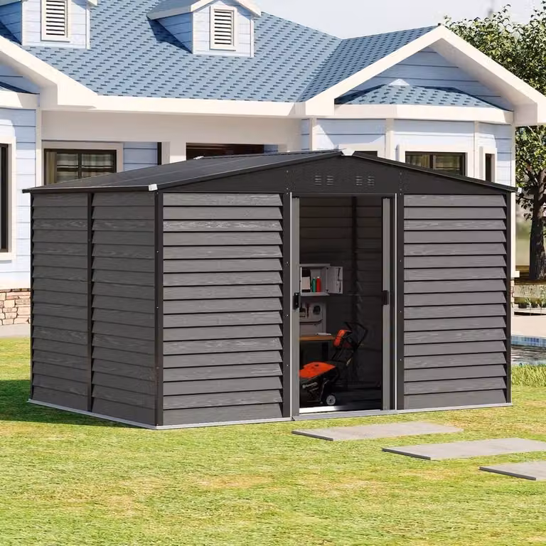 NESTLUNE Metal Apex Roof Garden Shed in Grey, W: 365.8 cm, D: 243.8 cm, H: 220 cm