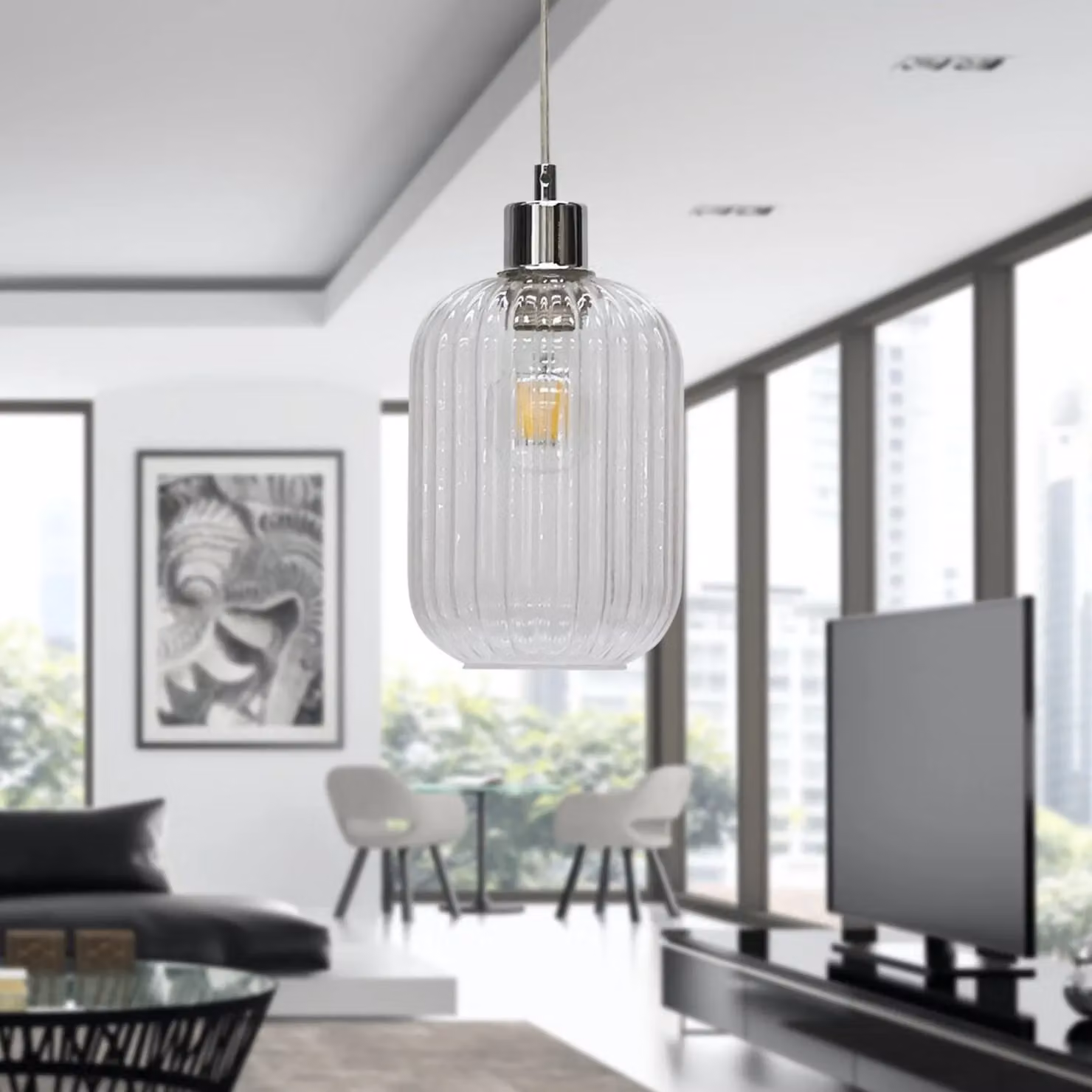 First Choice Lighting Batley Suspended Pendant Light with Transparent Ribbed Glass and Chrome Fitting – 2