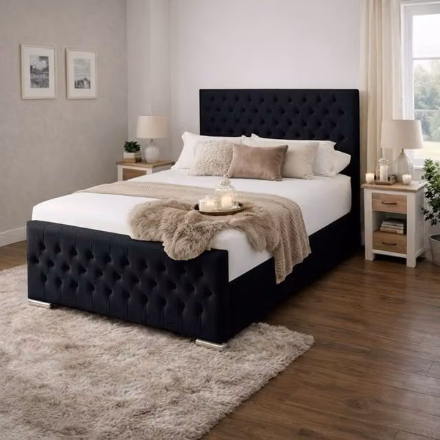 Desire Deco Kensington Upholstered Plush Velvet Bed Frame in Black, W/D/H: 90 x 190 cm