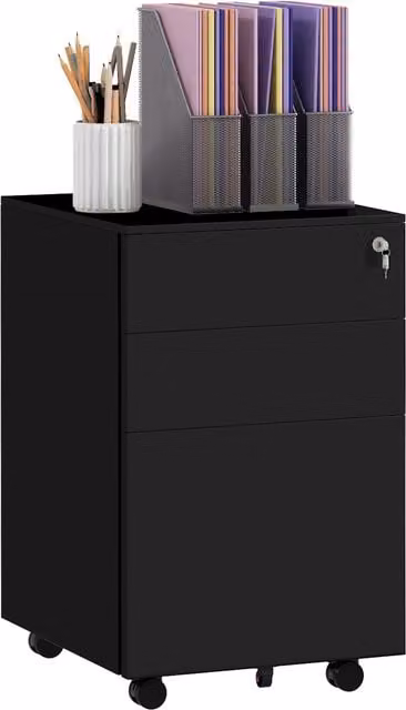 Vinsetto Black Steel 3-Drawer Mobile Vertical Filing Cabinet with Lock and Pencil Tray for A4 and Legal Size Documents – 1