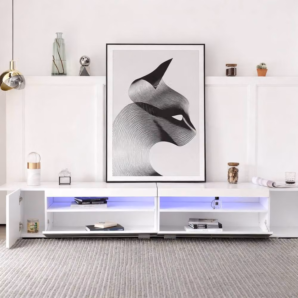 Rolipo White Modern TV Stand with Integrated LED Light and Media Compartments, Width: 240 cm – 3