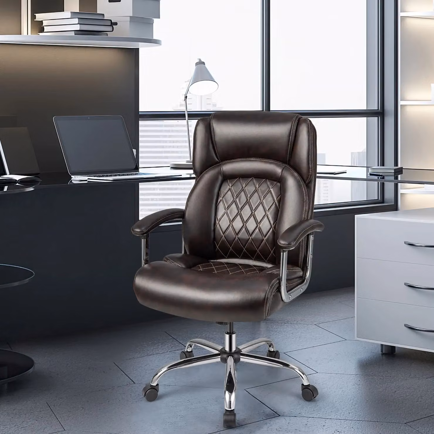 Costway Brown Leather Executive Office Chair with Headrest and Armrests, 227kg Capacity – 3