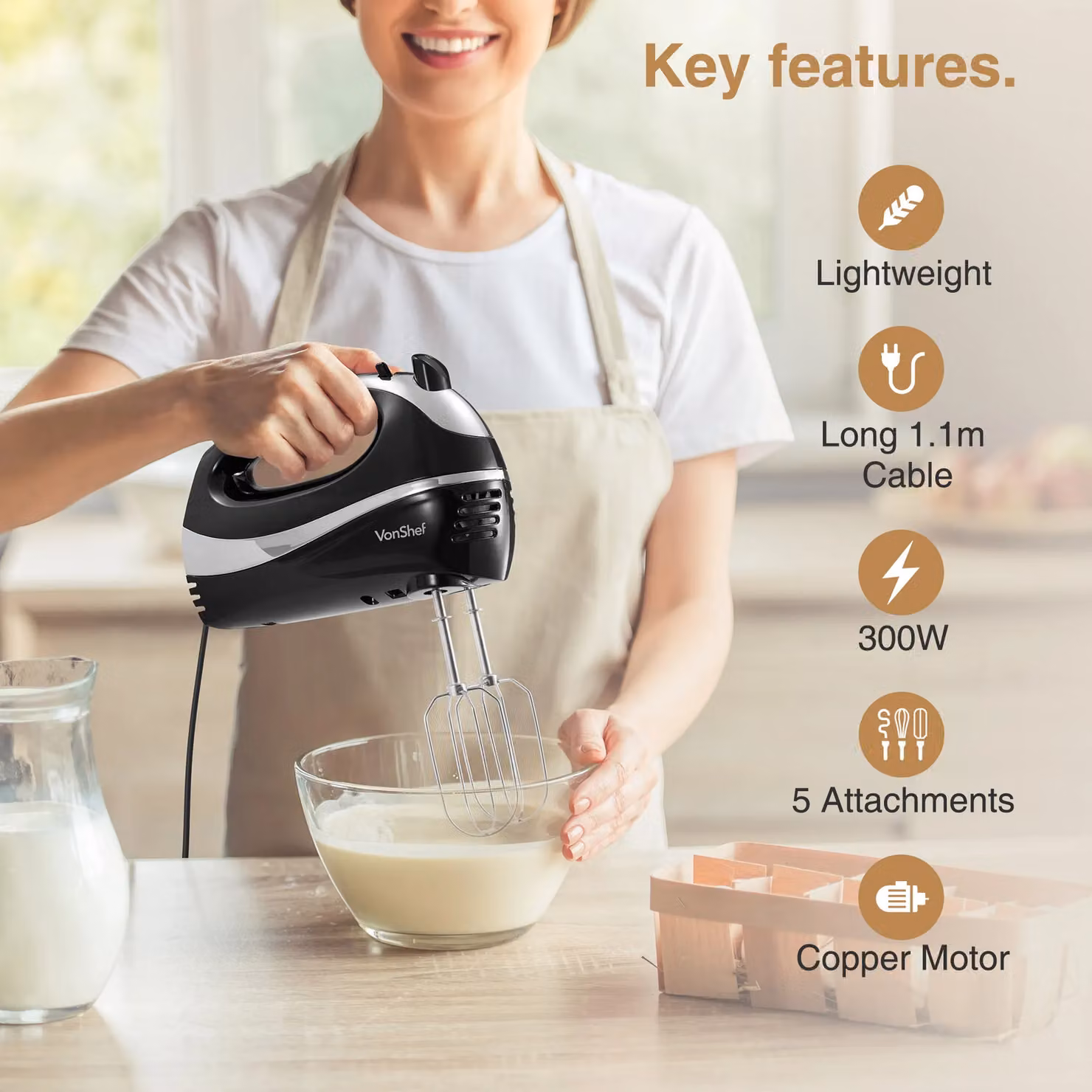 VonShef 300W 5 Speed Electric Hand Mixer in Black and Silver with Stainless Steel Beaters, Dough Hooks and Balloon Whisk – 3