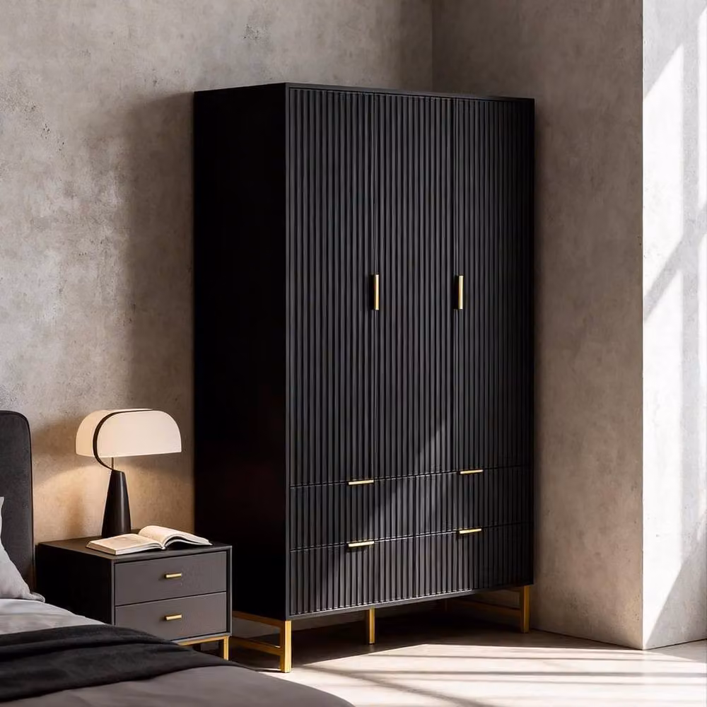 FURNITURE ONE Modern 3-Door Wardrobe Cabinet with 4 Integrated Drawers in Matt Black and Gold – 2