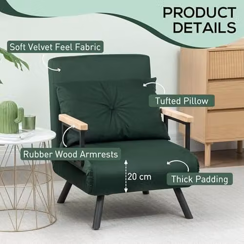 HOMCOM Green Velvet Click Clack Single Chair Bed Settee with Armrests – 6