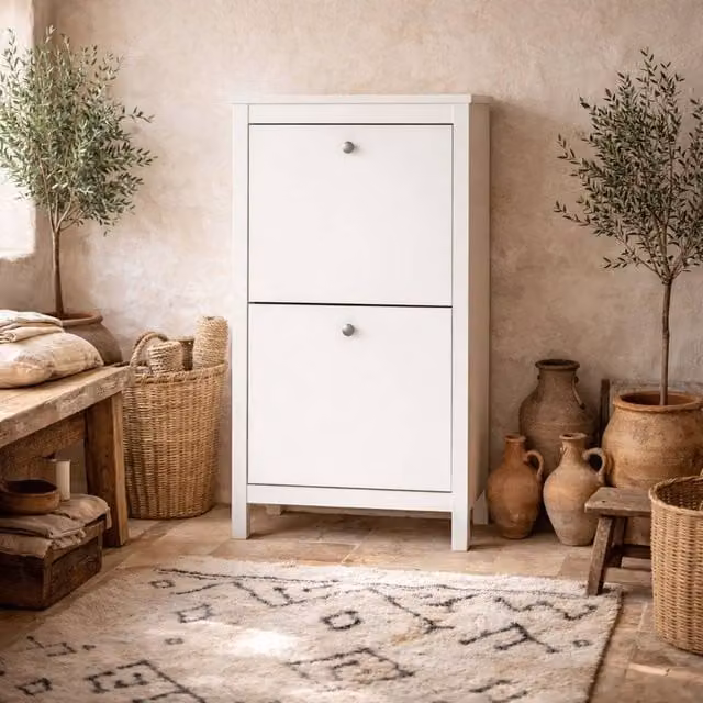 Wyld Haus Gossmere 2 Door White Shoe Cabinet with Tilting Compartments and Internal Shelves, W/D/H: 123 x 24.6 x 53.8 cm – 1