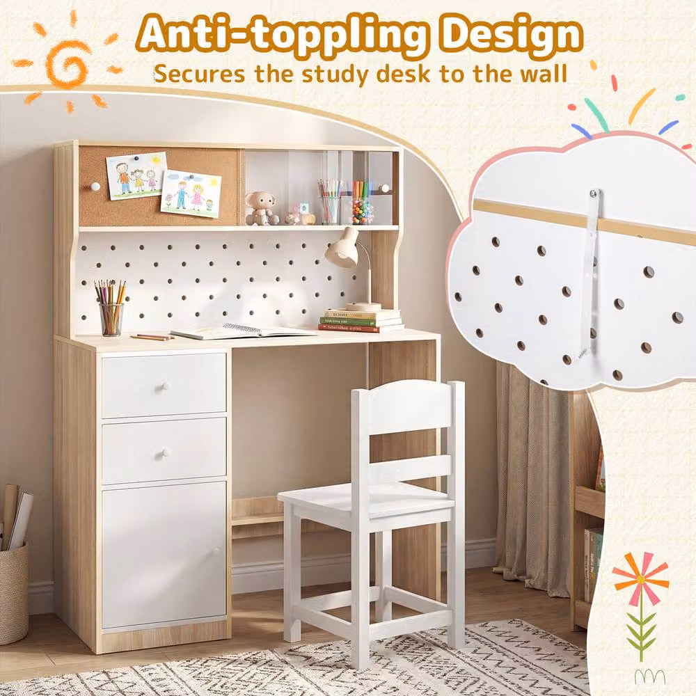 CASART Kids Wooden Study Desk and Chair Set with 2 Cabinets and 2 Drawers in White and Multicolour – 3