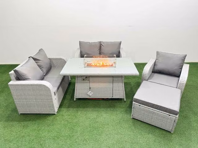 Fimous High Back Poly Rattan Garden Furniture Set in Light Grey with Reclining Chair, Loveseat Sofa, Firepit Dining Table and Big Stool