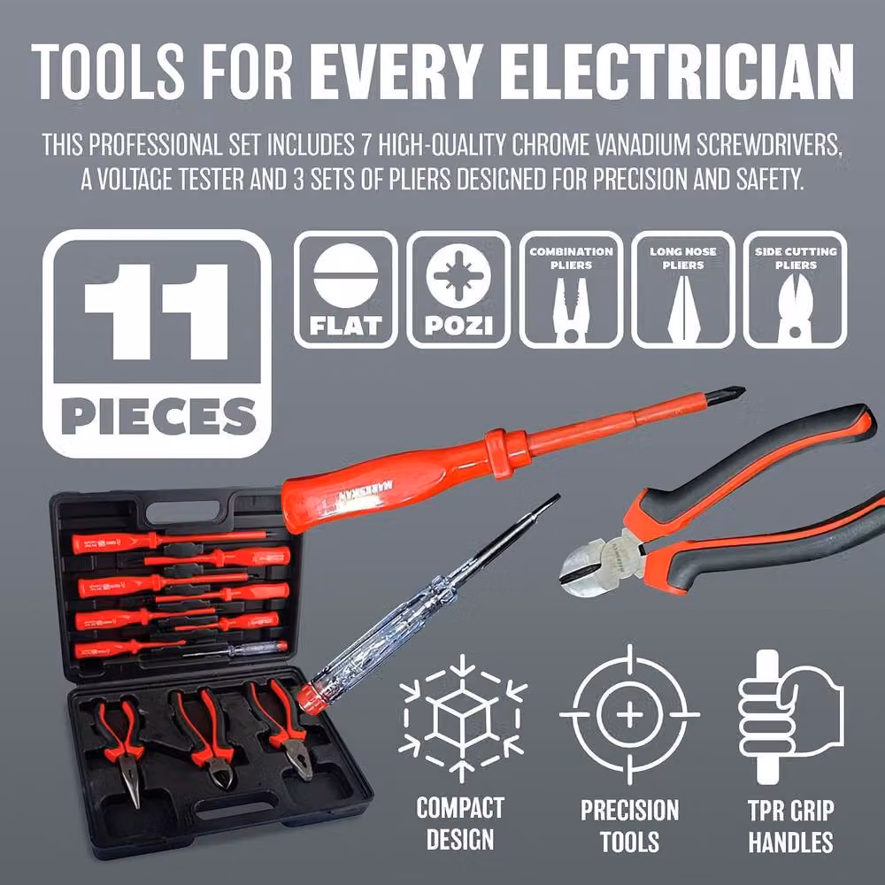 BARGAINS-GALORE 11-Piece Red Screwdriver and Pliers Set with Voltage Tester, Slotted, Phillips and Long Nose Tools, Made from Chrome Vanadium Steel – 3
