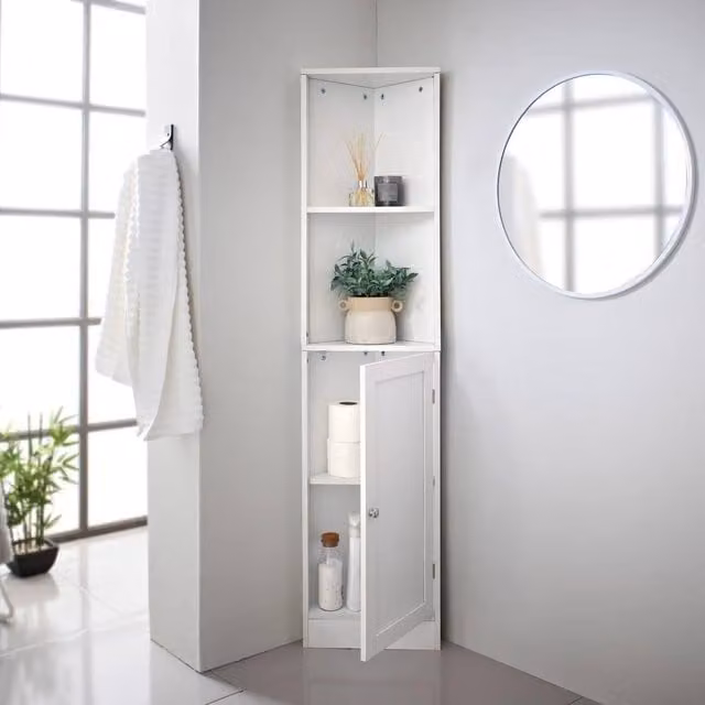 SAXONY White Corner Bathroom Storage Cabinet with Internal Shelves and Open Shelf, H 160 x W 38 x D 32 cm