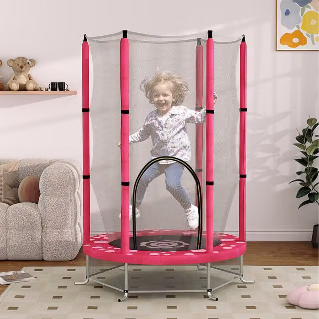 AIYAPLAY Pink Kids Mini Trampoline with Safety Net for Indoor and Outdoor Use