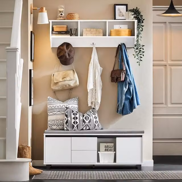 SoBuy Modern White Shoe Bench with Seat, 2 Doors and 2 Drawers