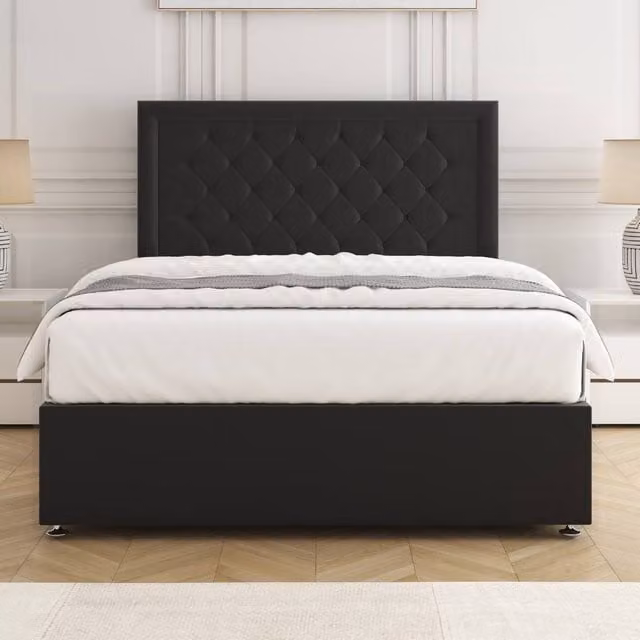 BSSPOKE Nova Plush Velvet Divan Bed Set with 24 inch Headboard and Mattress in Black, Double, W/D/H: 140 x 200 cm