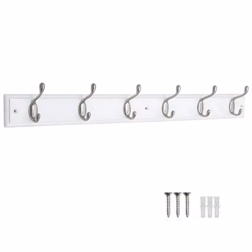 Keypak White Wooden Wall Mounted Coat Rack with 6 Satin Nickel Hooks – 1