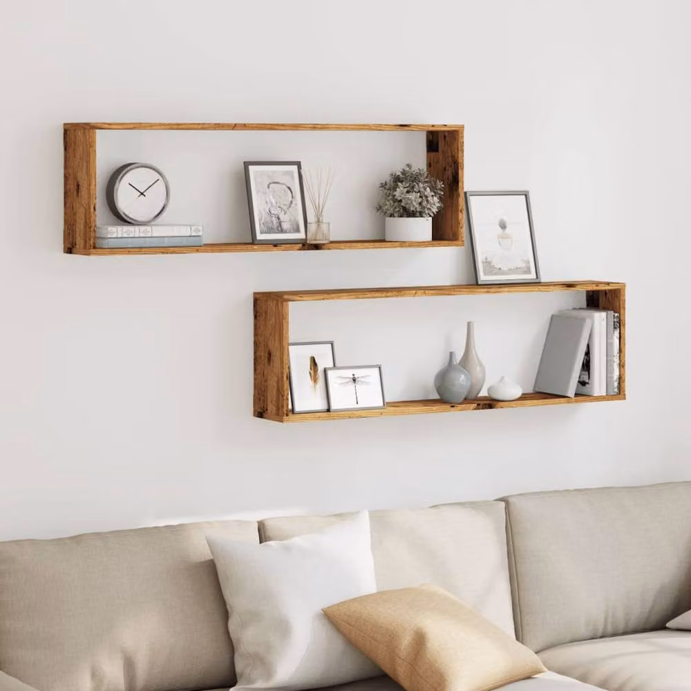 Berkfield Home Wall Mounted Cube Shelves, 2 Piece Set in Old Wood Brown, W/D/H: 100 x 15 x 30 cm – 3