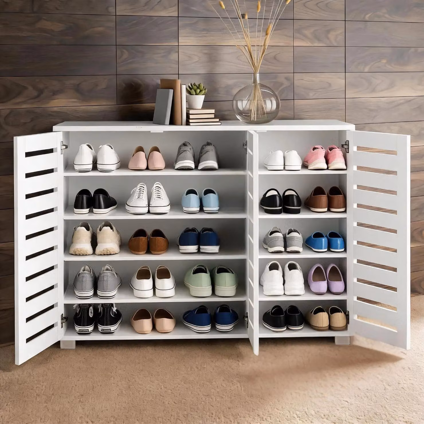 Home Source Oslo 3 Door Shoe Storage Cabinet Unit with Slatted Doors in White – 2