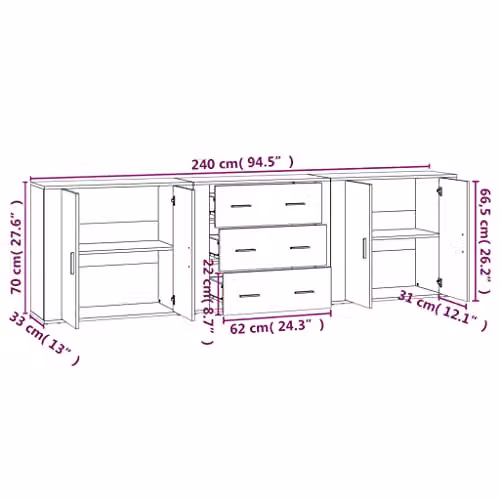 vidaXL Set of 3 Sideboards in Smoked Oak Brown, Engineered Wood, W/D/H: 80 x 33 x 53.3 cm – 2