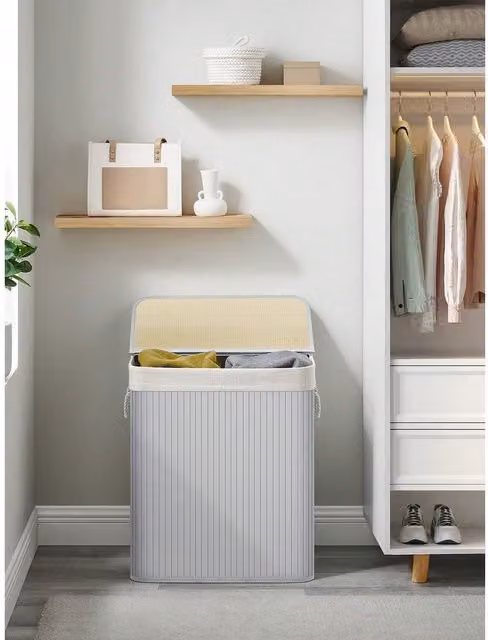 SONGMICS Bamboo Laundry Basket with 2 Sorting Compartments and Lid in Grey