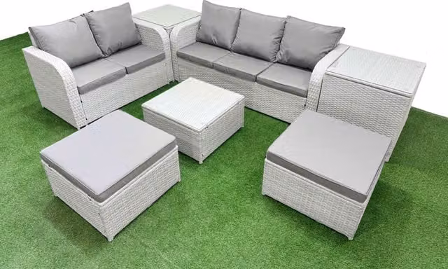 Fimous 7 Seater Grey PE Rattan Wicker Garden Furniture Set with 3 Seater Sofa, Love Seat, 2 Footstools, 2 Side Tables and Square Coffee Table
