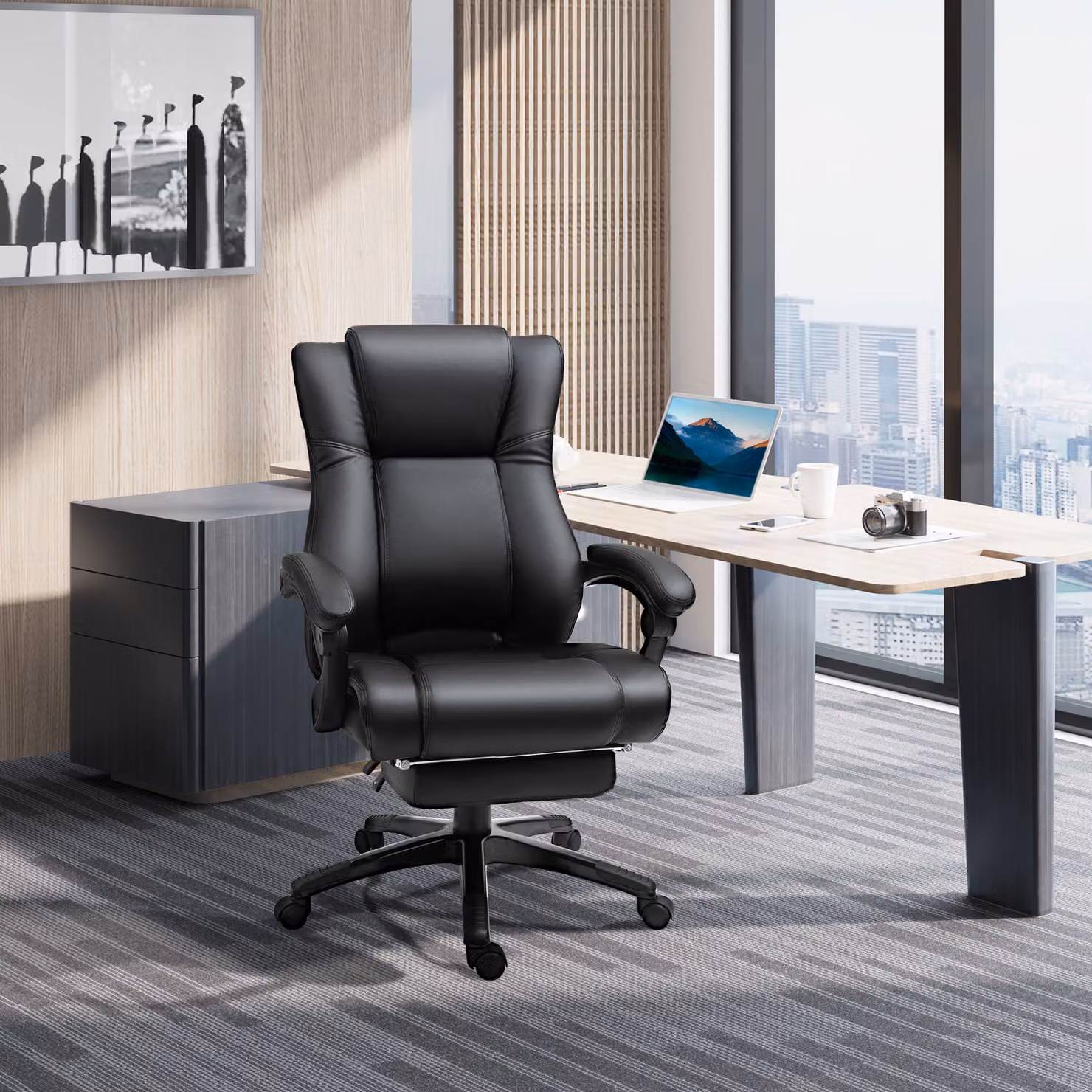 Vinsetto Executive Home Office Swivel Chair with Footrest and Headrest in Black PU Leather – 2