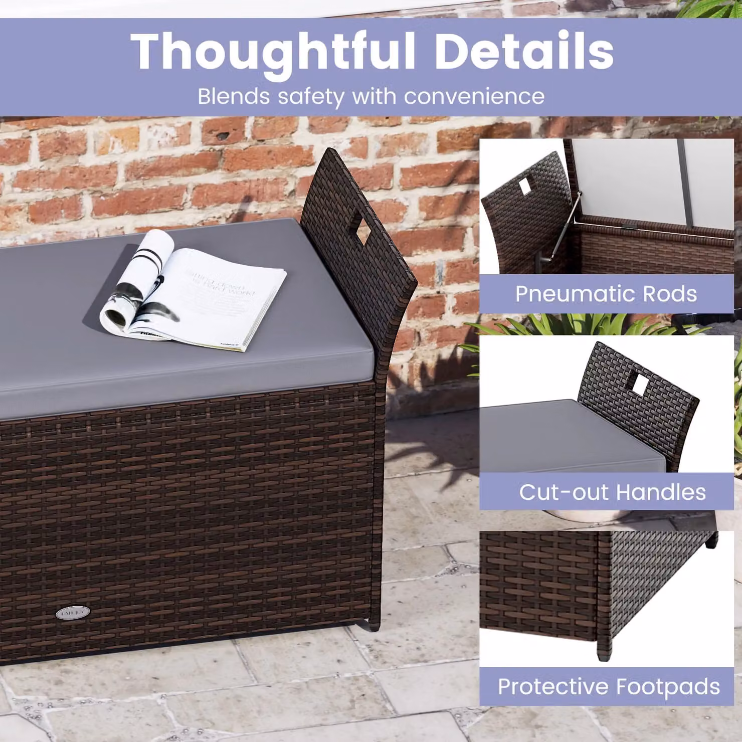 Costway Grey Hand-woven PE Rattan Wicker Outdoor Storage Bench – 4