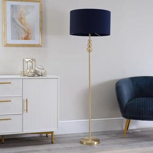 ValueLights Marissa Gold Stacked Ball Floor Lamp with Navy Blue Fabric Drum Shade – 3