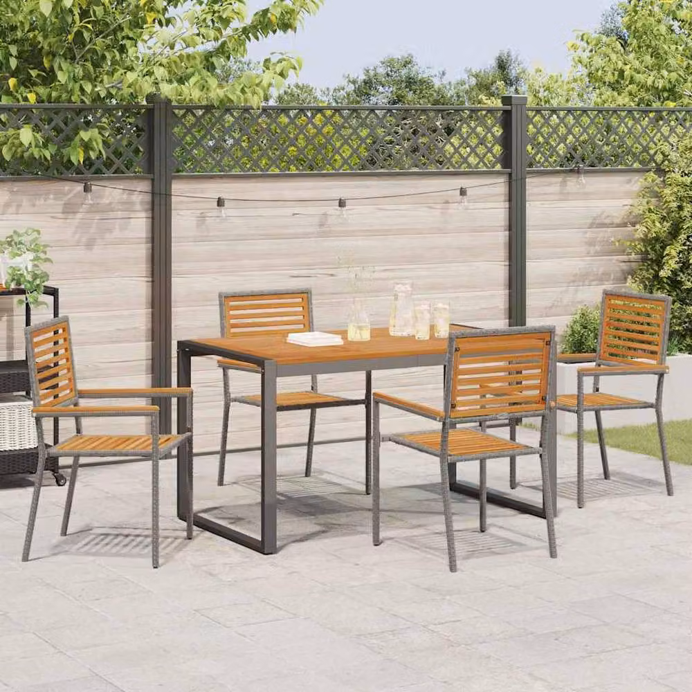 Berkfield Home 5 Piece Grey Poly Rattan and Acacia Wood Garden Dining Set – 3