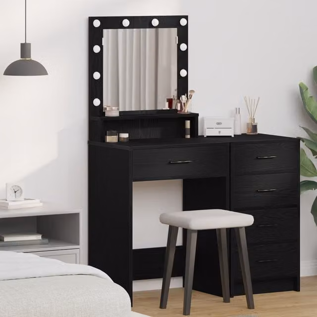 Berkfield Home Hollywood LED Makeup Table in Black Oak, W: 50 cm, D: 41 cm, H: 135 cm