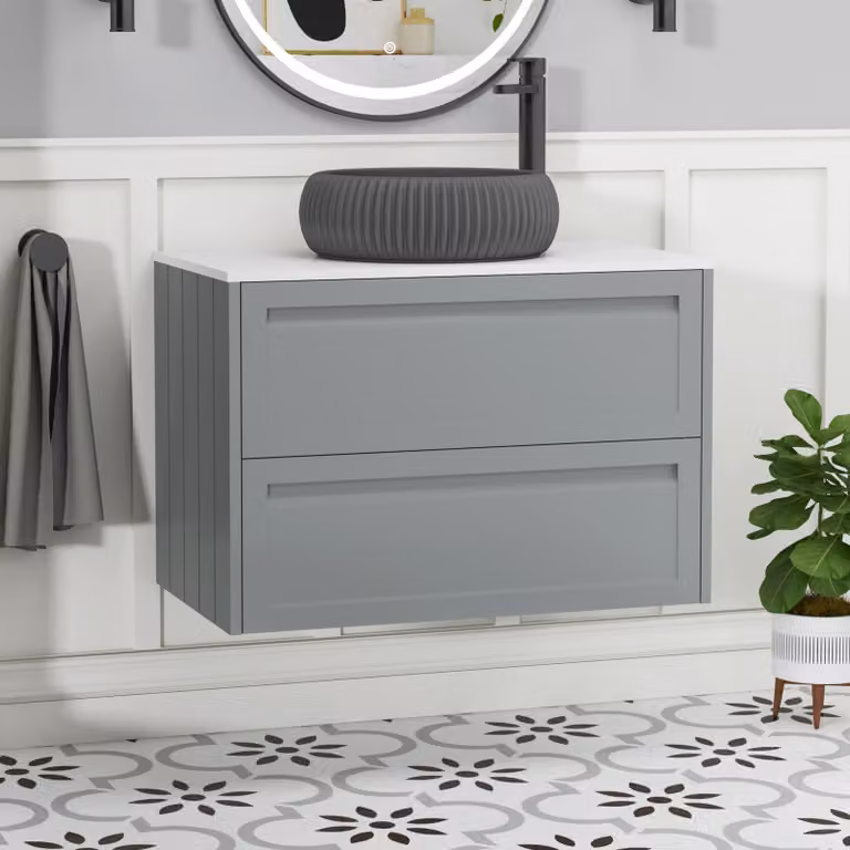 Royal Bathrooms Elmore Wall Hung Vanity Unit in Matt Pebble Grey with 2 Drawers, Plain White Worktop and Milan Black Basin, Width: 80 cm