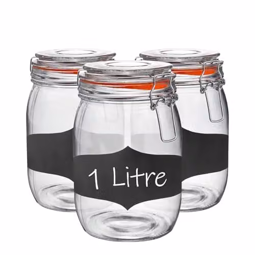 Argon Tableware Transparent Glass Jars with Airtight Metal Clip Lids and Chalkboard Stickers, 1000ml, 3 Pack
