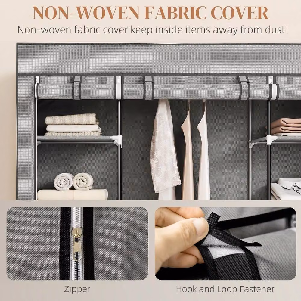 FORGEVIO Portable Fabric Wardrobe with 10 Shelves and Hanging Rod in Grey, H: 162.5 cm x W: 150.0 cm – 2