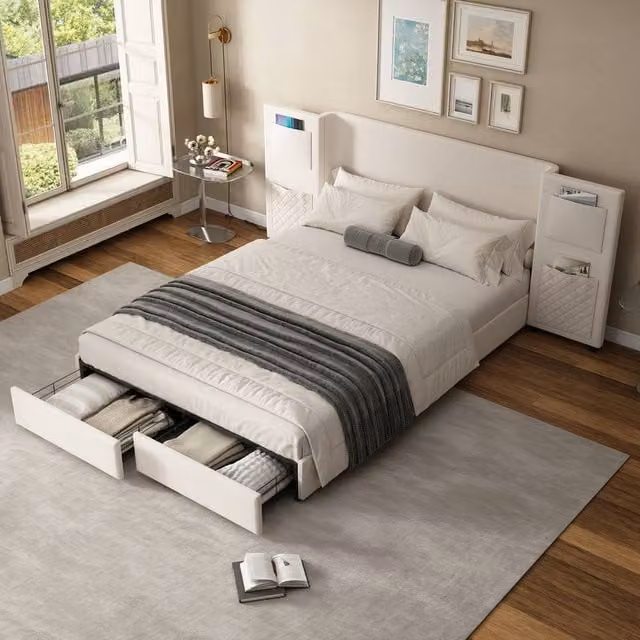 BTM Upholstered Double Bed with Drawers and Bedside Shelf in Beige, W/D/H: 140 x 190 x 135 cm – 1