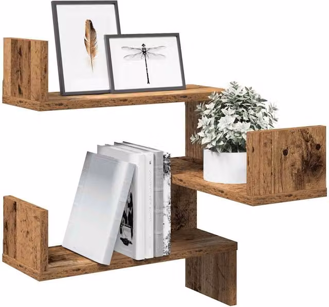 Berkfield Home Wall Mounted Corner Shelves, 2 Piece Set in Brown Old Wood, W/D/H: 40 x 40 x 49.5 cm